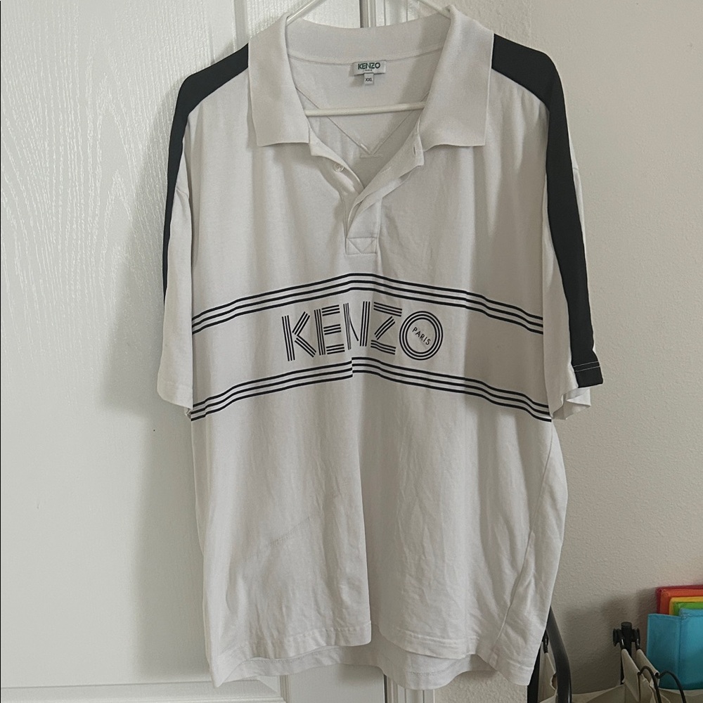 KENZO Paris Men’s Stripe Logo Pique Polo Shirt White Black XXL